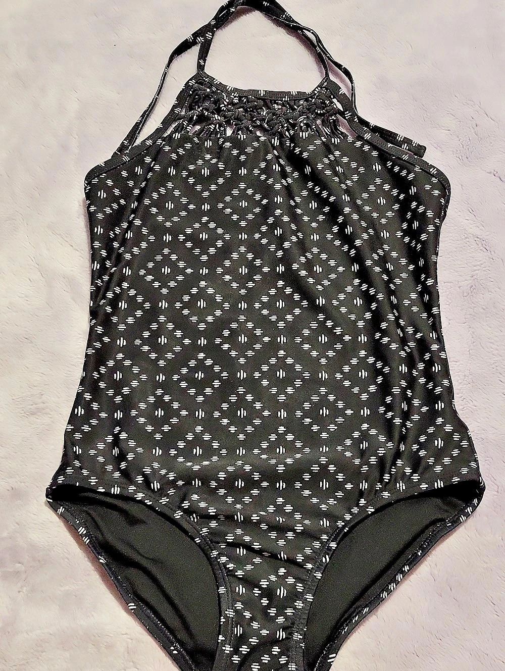 Old Navy Girls Black White Geometric Halter One Piece Swimsuit